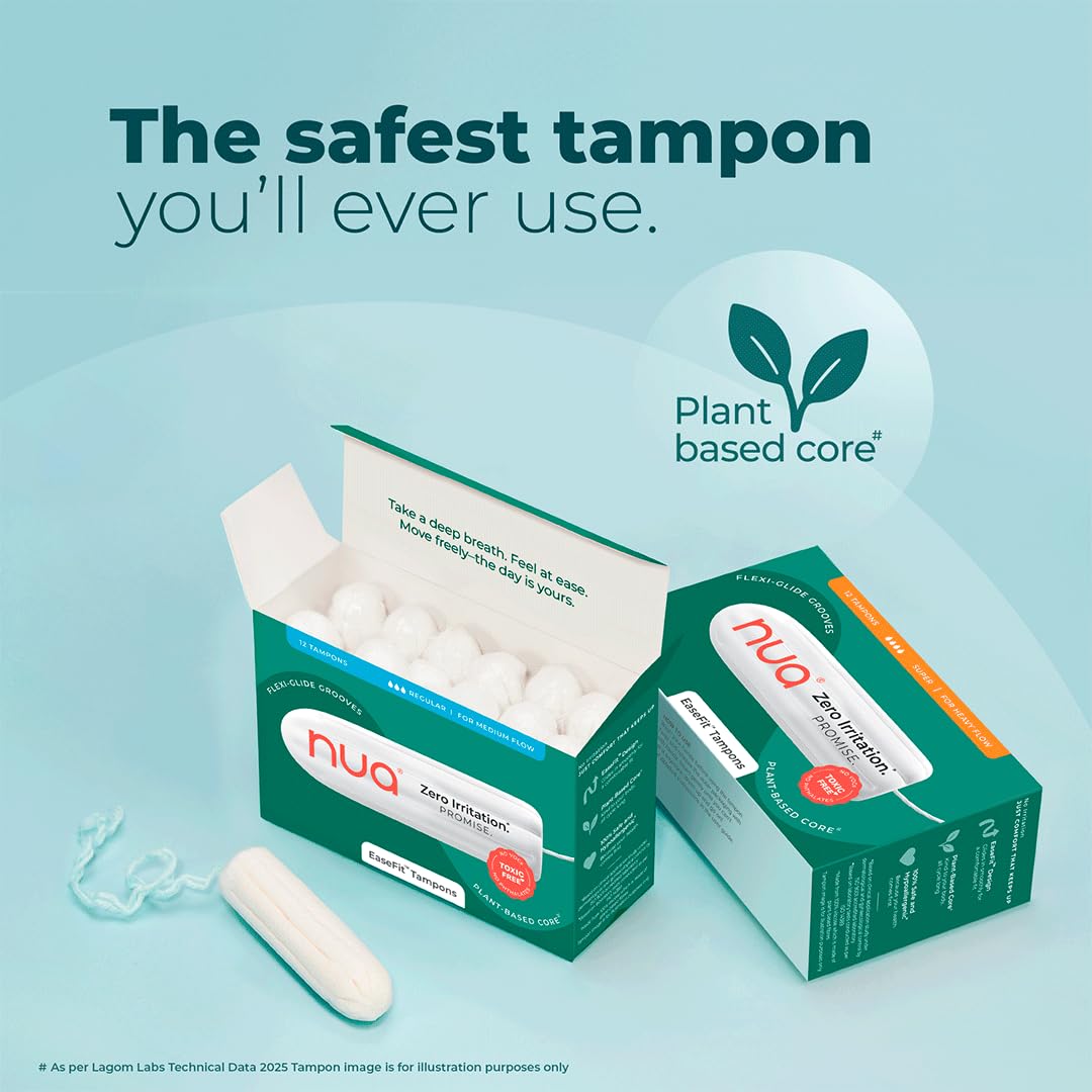 Nua EaseFit Tampons for Heavy Flow | 12 Tampons | Gynaecologically Tested | Hypoallergenic | Rapid Absorption Core | Leak-Proof Protection