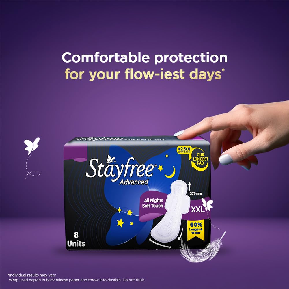 Stayfree Advanced XXXL+ Thin Sanitary Pads for Women | 8 Soft Cotton Pads for All Night Ultra Comfort | Absorbs 2x More with Wider Back | Prevent Rashes | Odour Control