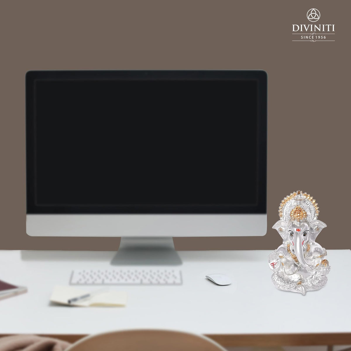 DIVINITI 999 Silver Plated Ganesha/Vinayaka/Vinayagar Idol for Car Dashboard Gifting/Ganesh Statue for Office Desk Puja Room Figurine 3.5 inches (8.89 x 5.08 cm)(Silver Matte), Religious