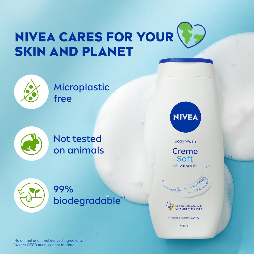 NIVEA Crème Soft 250ml Body Wash| Shower Gel with Natural Almond Oil|Clean, Healthy & Moisturized Skin|Microplastic Free