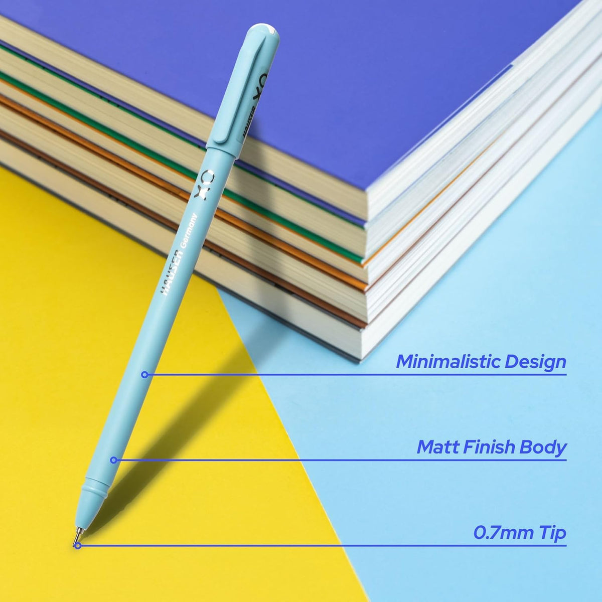Hauser XO 0.7mm Ball Pen | Blue Ink | Smooth Low Viscosity Ink | Matte Finish | Durable Tip | Pack of 10