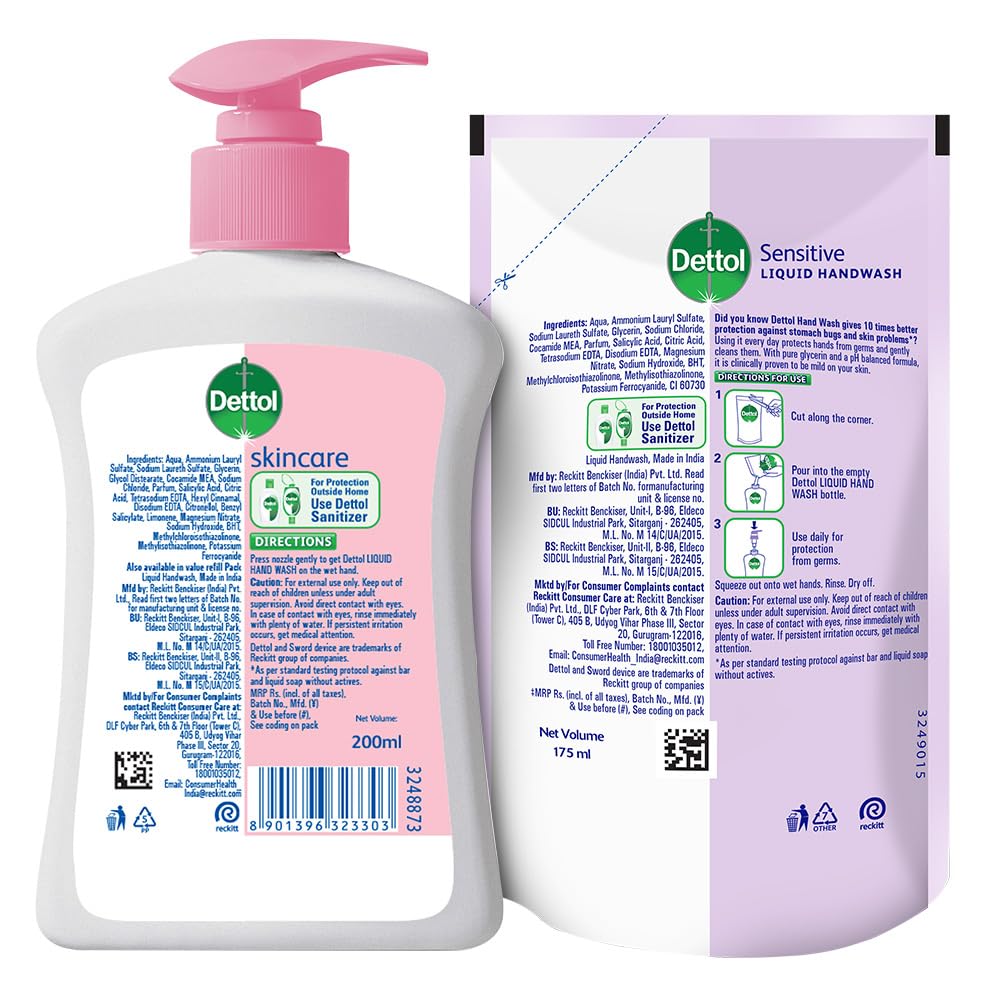 Dettol Liquid Handwash (Skincare), 200 ml , 175 ml (Skincare), Pack of 2