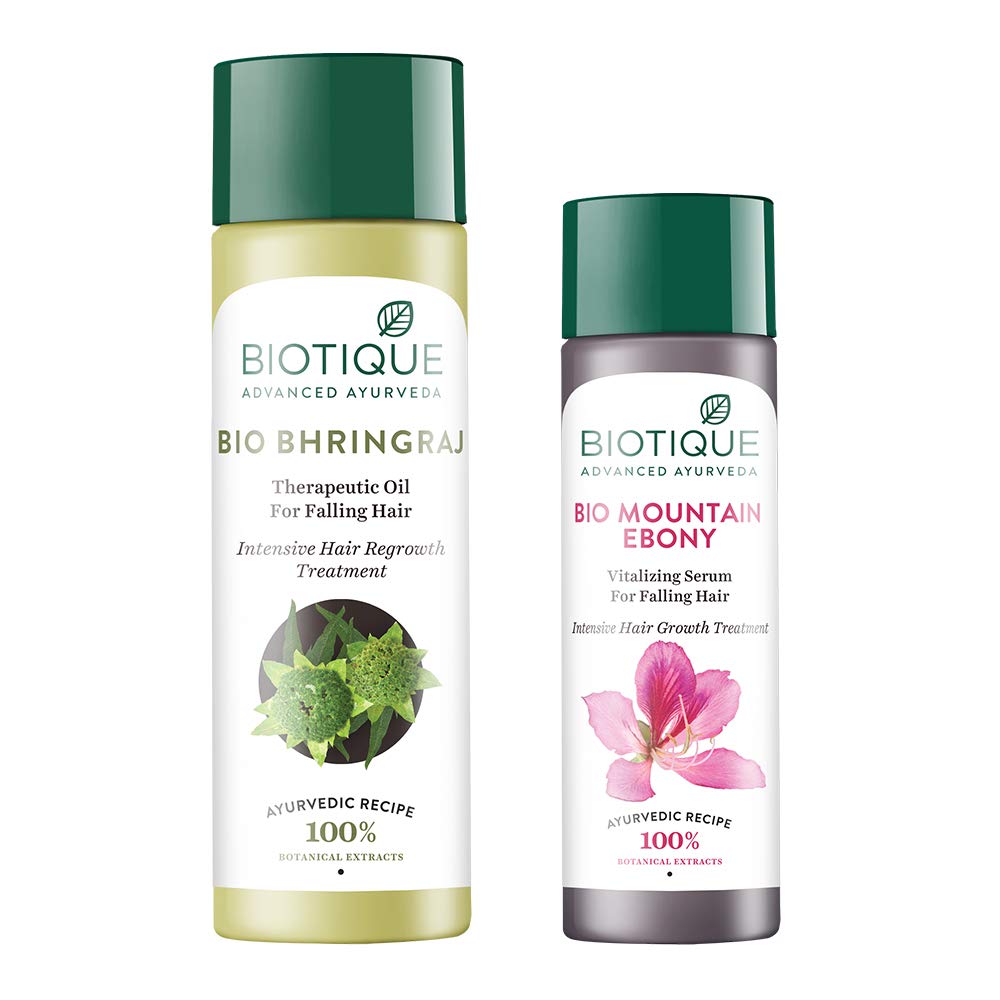 Biotique Bio Bhringraj Fresh Growth Therapeutic Oil, 200ml and Biotique Bio Mountain Ebony Vitalizing Serum For Falling Hair Intensive Hair Growth Treatment, 120ml (Pack of 2)