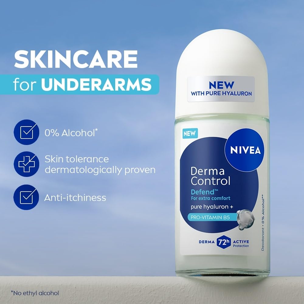 NIVEA Derma Control Defend Underarm Deo Roll-On for Women | Defends Against Irritation | 72H Derma Active Protection | With Pure Hyaluronic Acid & Pro-Vitamin B5 | 0% Alcohol | 50 ml