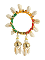 NMII Beautiful Sea Shells Kaudi Latkan Bangles Set For Women & Girls with Pearls Moti & Golden Balls | Handmade Bridal Bangles Bracelet For Wedding, Haldi, Mehandi, Sangeet Jewellery- Set of 2 Kada