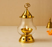 DSH Brass Diya for Puja & Religious with Borosilicate Glass Cover for Home,Temple Decorative Brass & Glass Oil Lamp Lantern Diya for Prayers.