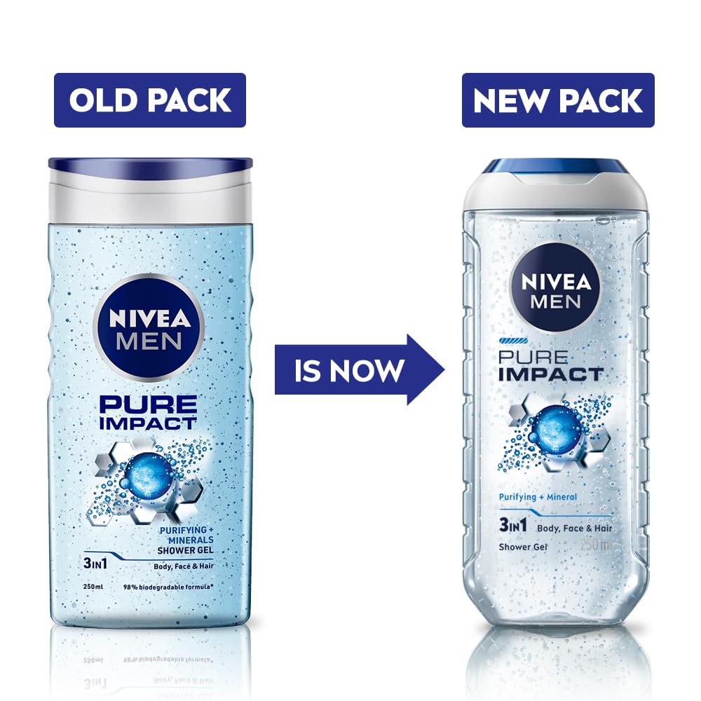 NIVEA MEN Pure Impact 250ml Body Wash| Shower Gel for Face, Body & Hair| Purifying Micro Particles for Extra Fine Scrub & Instant Summer Freshness|Clean, Healthy & Moisturized Skin