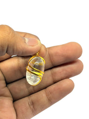 RUDRADIVINE Original Sphatik Pendant (1.5 Inch) – Natural Clear Crystal Quartz with Gold-Plated Wire Wrap | Spiritual Healing Stone Locket for Men & Women (15g)