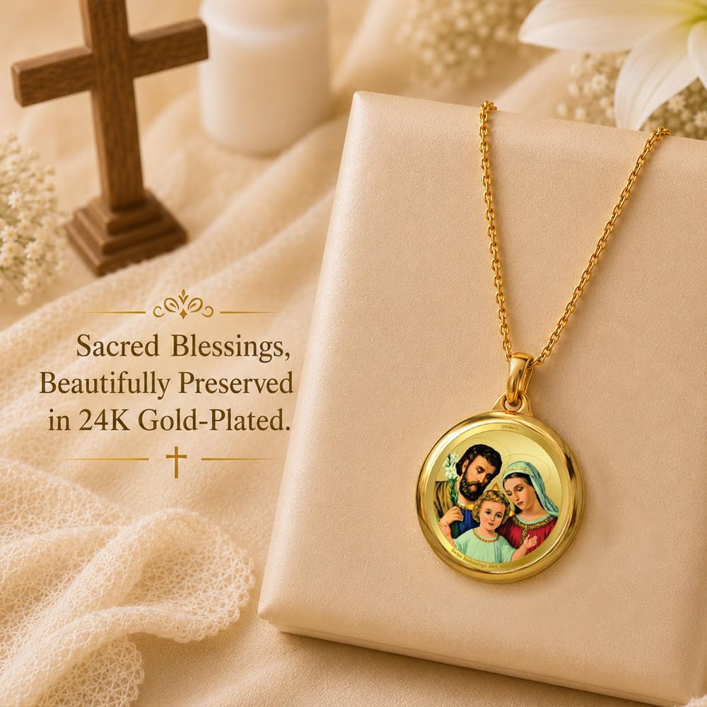 DIVINITI 24K Gold Plated Double-Sided Religious Pendant with Premium Gift Box, Spiritual Locket for Men & Women, Devotional Jewellery for Gifting & Everyday Wear | Holy Family & Holy Cross - CLR Pendant