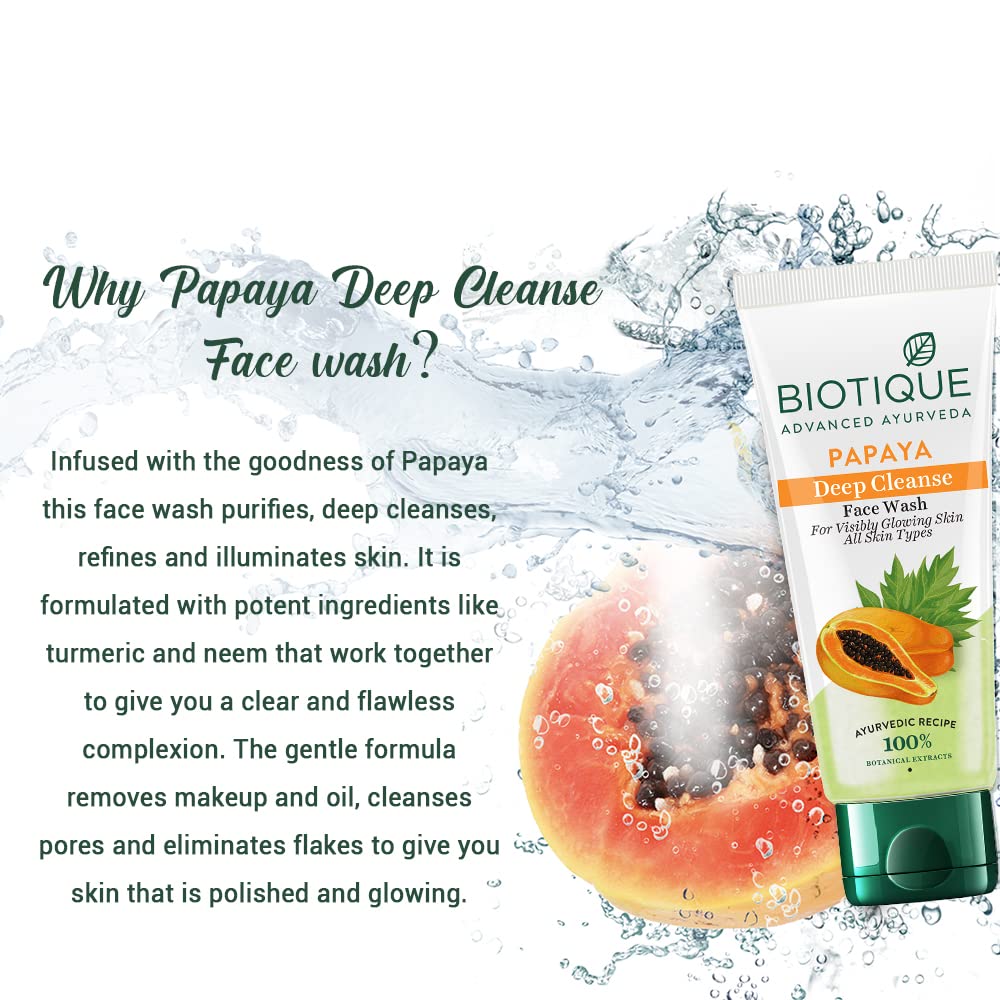 Biotique Papaya Deep Cleanse Face Wash | Gentle Exfoliation | Visibly Glowing Skin | 100% Botanical Extracts| Suitable for All Skin Types | 2x100ml (Pack of 4)