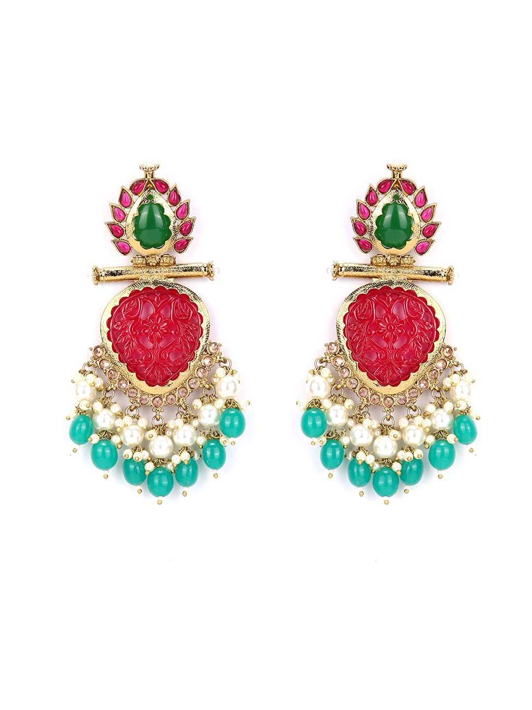 Priyaasi Red & Green Beaded Earrings for Women | Drop of Pearls | Stone-Studded | Gold-Plated | Brass Metal | Pushback Closure | Ethnic Earrings for Women & Girls - Party, Festivals, Weddding, Sangeet