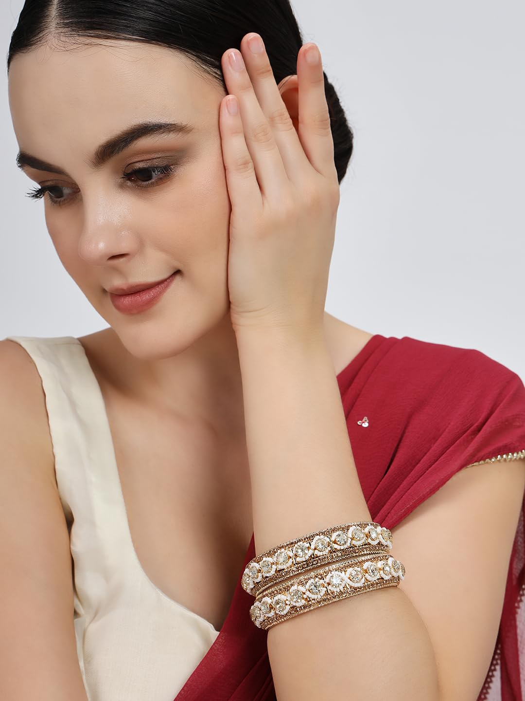 NMII Traditional Metal with Zircon Diamond & White Moti Pearls Bangles For Women & Girls | Designer Kangan Set | Girl's Bangles Bracelet | Stone Bangles | Women's Kada Fashion Jewellery- Set of 2