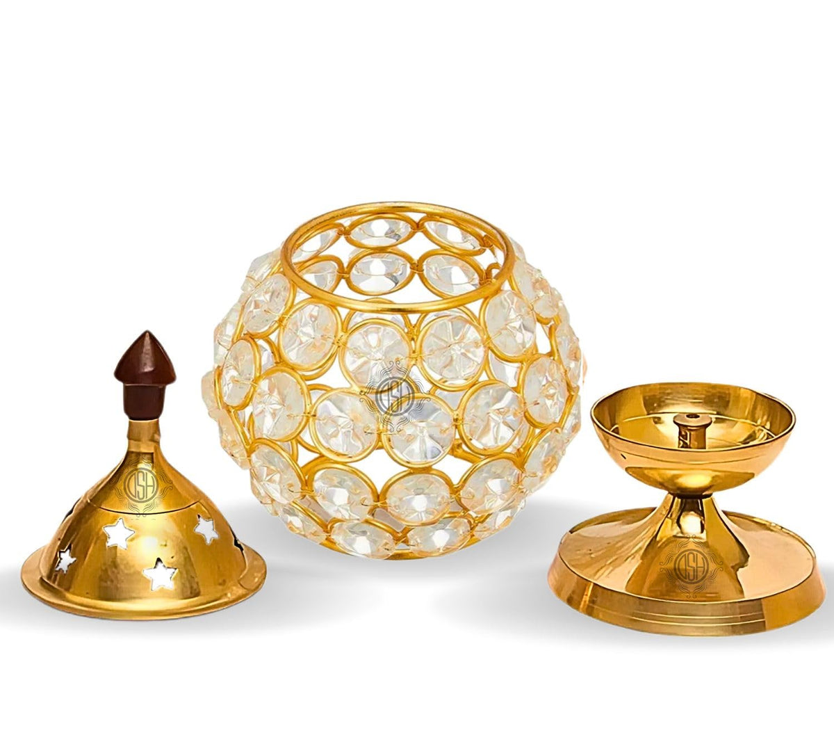 DSH Brass and Crystal Akhand Diya for Puja Decorative Crystal Oil Lamp Tea Light Holder Home Decor Diwali Decoration Diya.