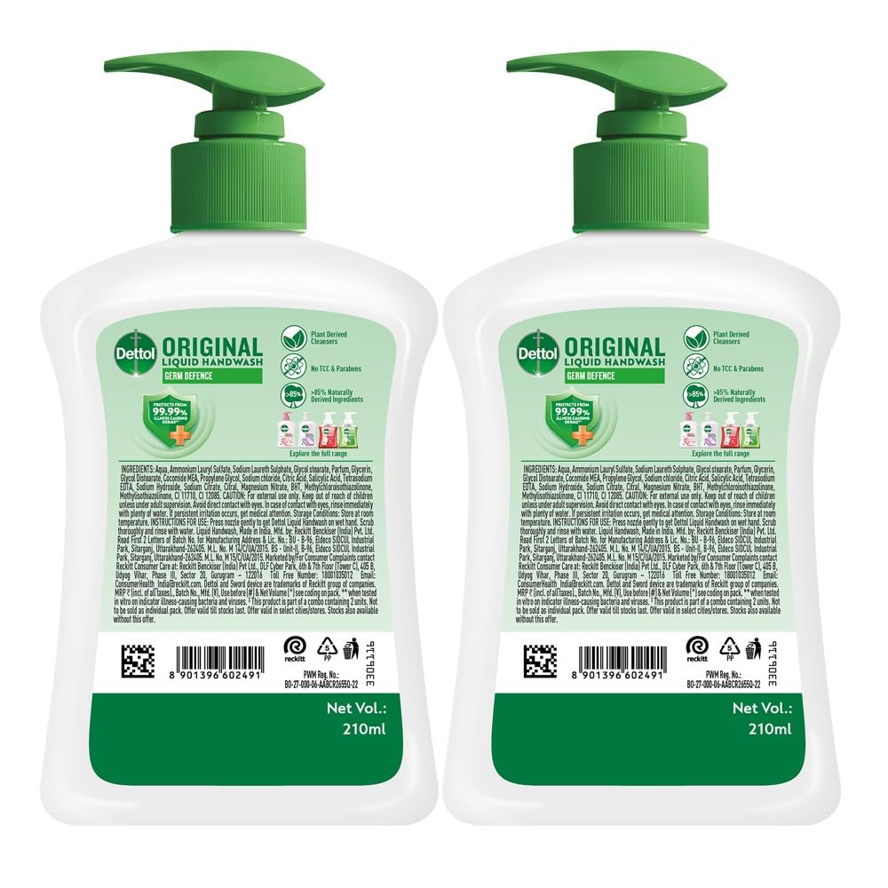 Dettol Liquid Handwash Dispenser Bottle Pump (210ml, - Original Hand Wash | Germ Defence Formula | 10x Better Germ Protection