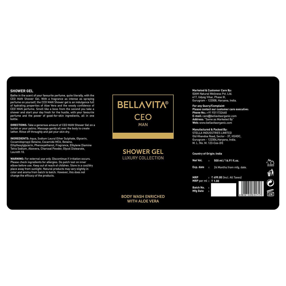 Bella Vita Luxury CEO MAN Body Wash Refreshing Shower Gel for Deep Cleansing, Refreshing, Hydrating & Moisturising Skin with Aloe Vera Gel, 500 Ml