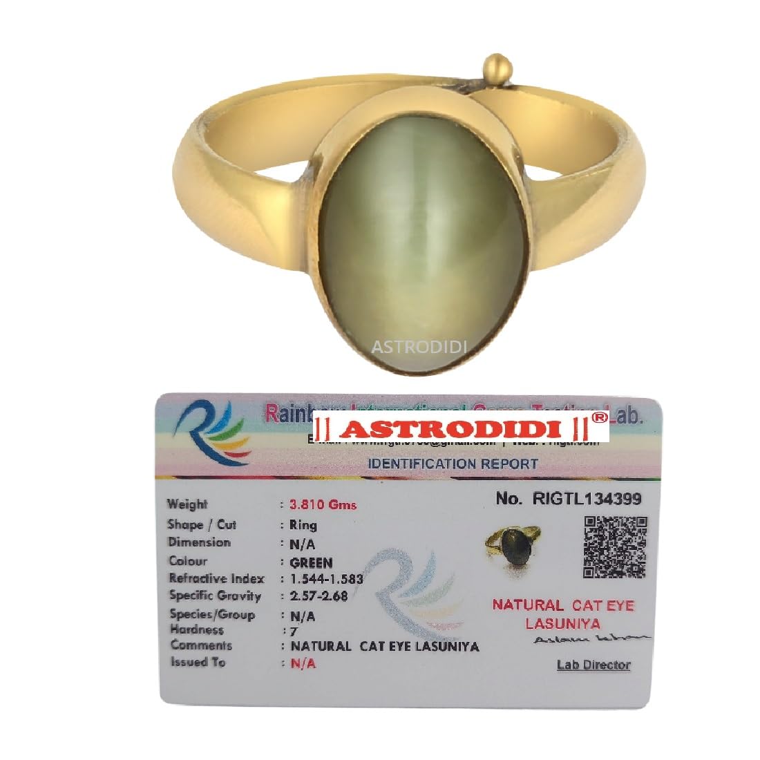 ASTRODIDI Cat Eye Gemstone Pendant Lehsunia Stone Locket Lab Certified for Men and Women | Cat's Eye 5-6 Ratti Stone (Color: Green)