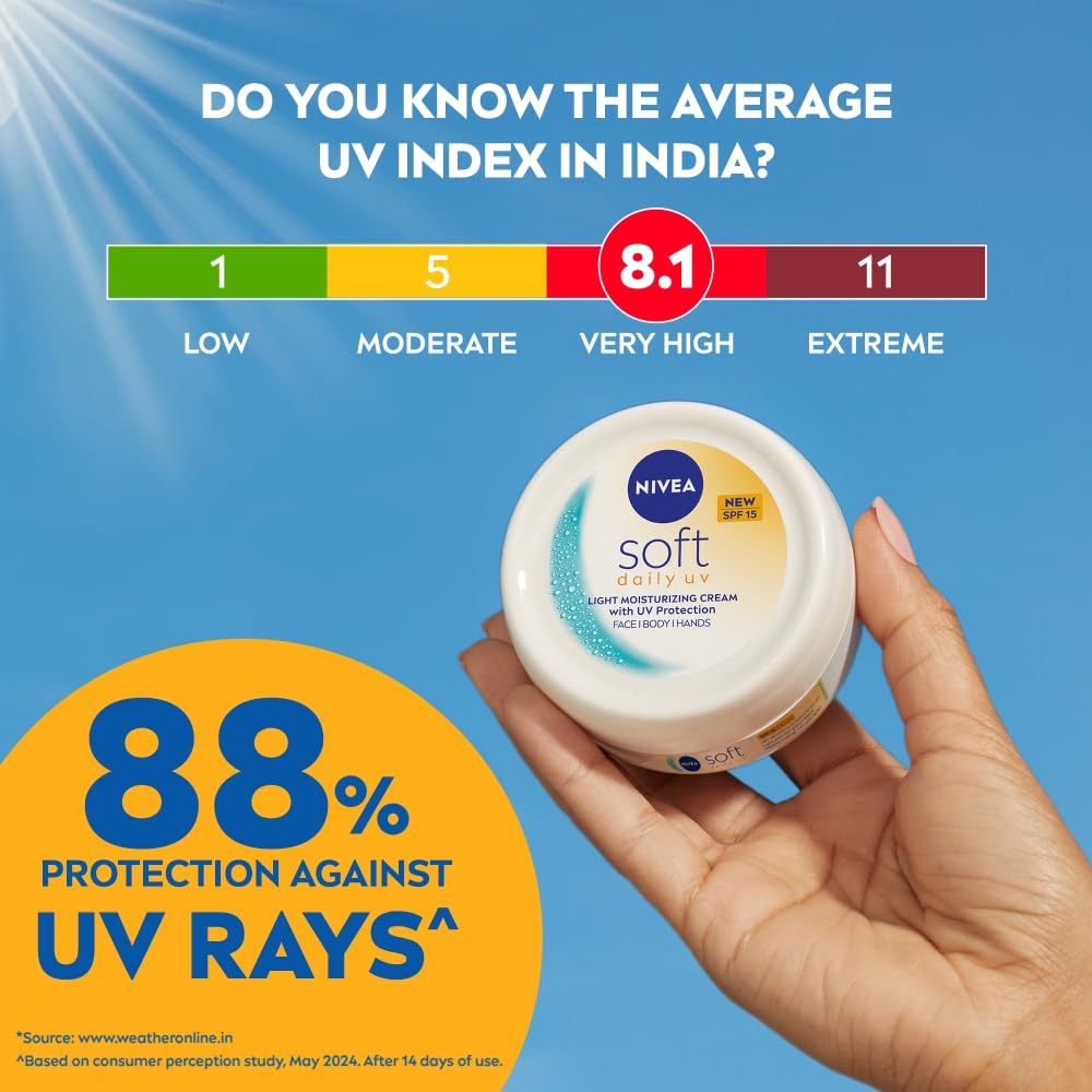 NIVEA Soft Daily SPF 15 Moisturizer | 88% UV Protection | Face & Body Cream for Healthy Glow in 5 Days | No White Cast | Vitamin E & Shea Butter | Lightweight, Quick Absorbing | 72H Hydration | 100ml