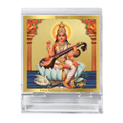 DIVINITI 24K Gold Plated Religious Car Dashboard Frame | Premium God Idol Frame for Car, Home Mandir & Office Table | Spiritual Gift, Decorative Showpiece | Saraswati Mata