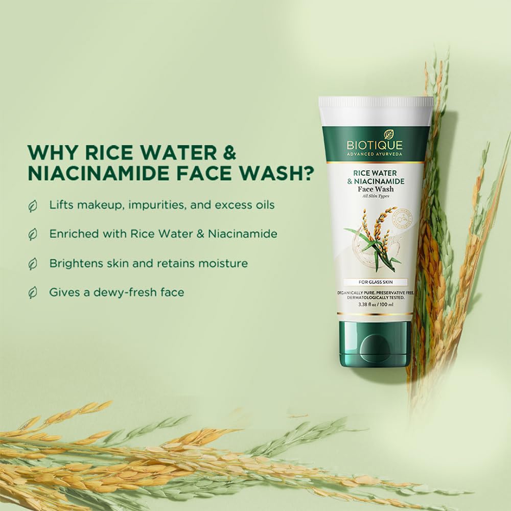 Biotique Rice Water & Niacinamide Gel Face Wash Removes Excess Oils & Reduce Blemishes of the Skin | Glass Skin | For Men & Women - 100ml