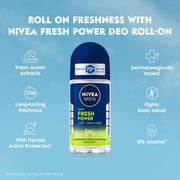 NIVEA Men Fresh Power Underarm Roll-On Deodorant|72 H Long Lasting Freshness|Fights Bacteria And Body Odour|Fresh Musk Fragrance|0% Alcohol|Dermatologically Approved & Paraben Free Formula|50Ml