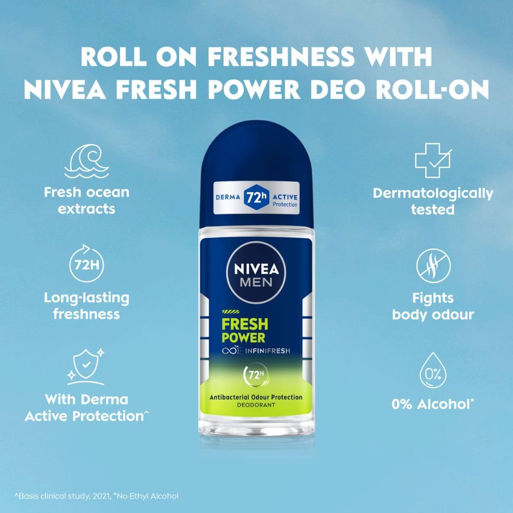 NIVEA Men Fresh Power Underarm Roll-On Deodorant|72 H Long Lasting Freshness|Fights Bacteria And Body Odour|Fresh Musk Fragrance|0% Alcohol|Dermatologically Approved & Paraben Free Formula|50Ml