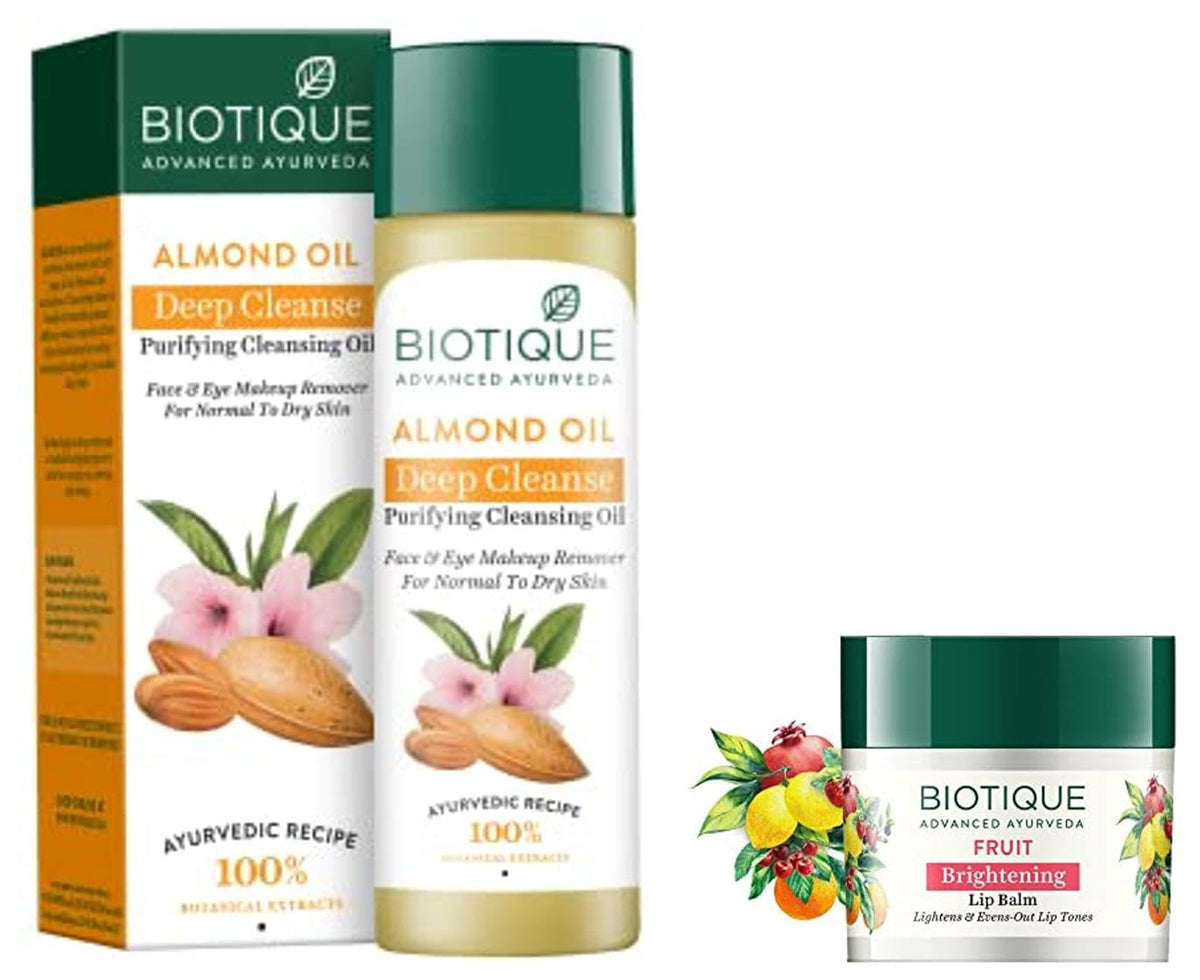 Biotique Almonmd Oil Deep Cleanse Purifying Cleansing Oil Face & Eye Makeup Remover For Normal to Dry Skin, 120ml & Biotique Bio Fruit Whitening/Brightening Lip Balm, 12g