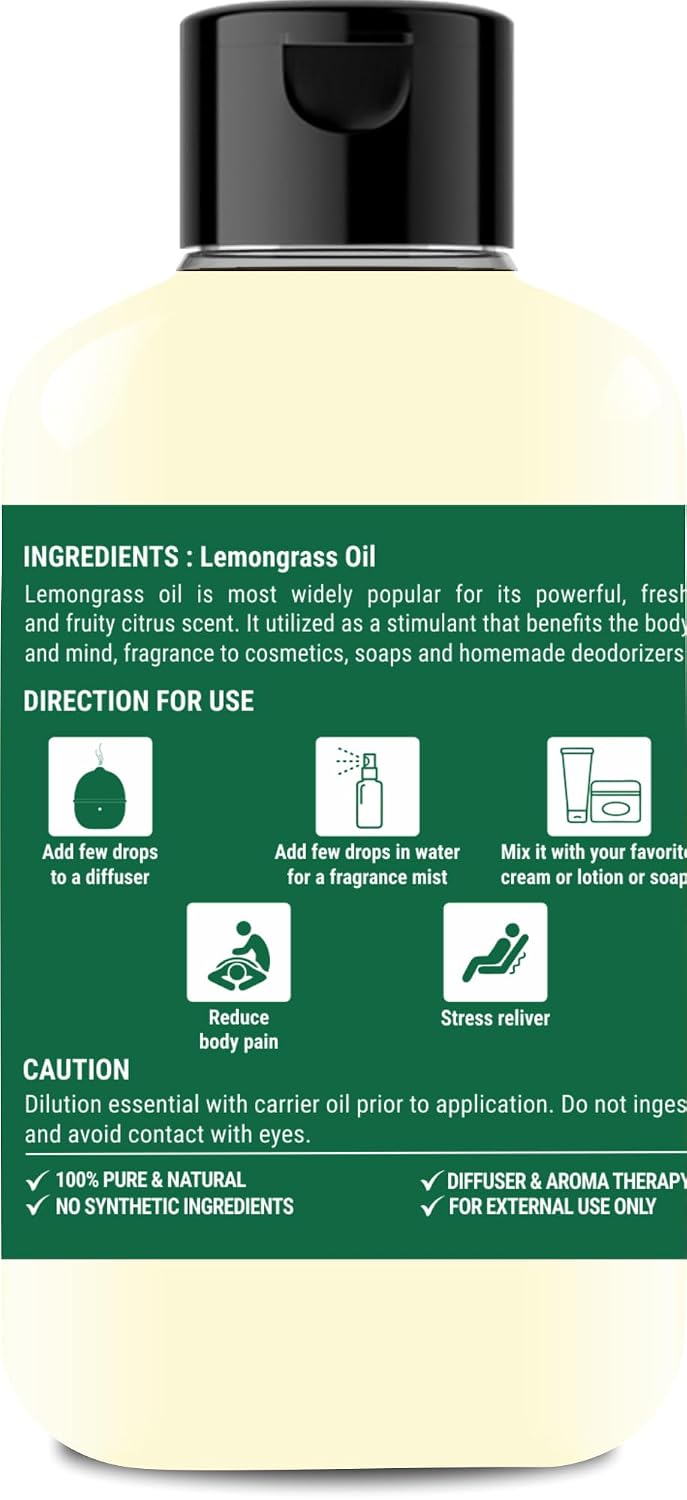 Holy Natural Lemongrass Oil for Hair Fall, Moisturising Skin, Face | Therapeutic Grade, Steam Distilled, Home Diffuser | 300ml