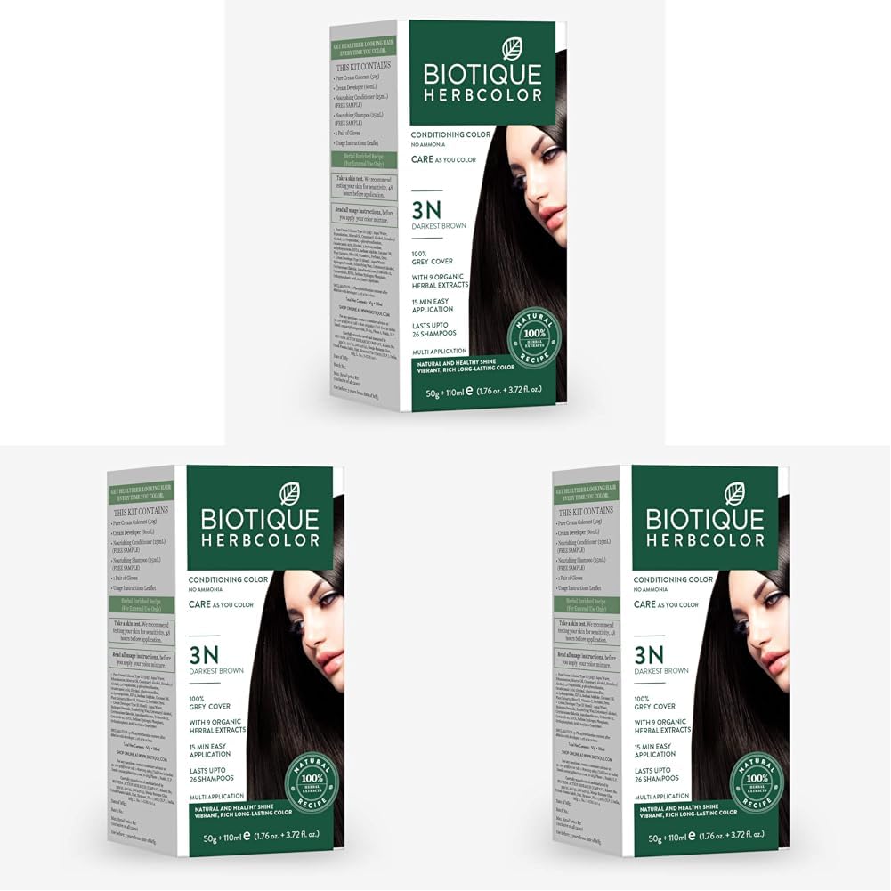 Biotique Herbcolor Conditioning Hair Colour l Ammonia Free Hair Color l 9 Organic Herbal Extracts l Natural and Healthy Shine l 50g + 110ml| Darkest Brown 3N (Pack of 3)