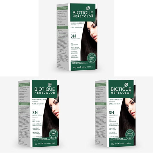 Biotique Herbcolor Conditioning Hair Colour l Ammonia Free Hair Color l 9 Organic Herbal Extracts l Natural and Healthy Shine l 50g + 110ml| Darkest Brown 3N (Pack of 3)