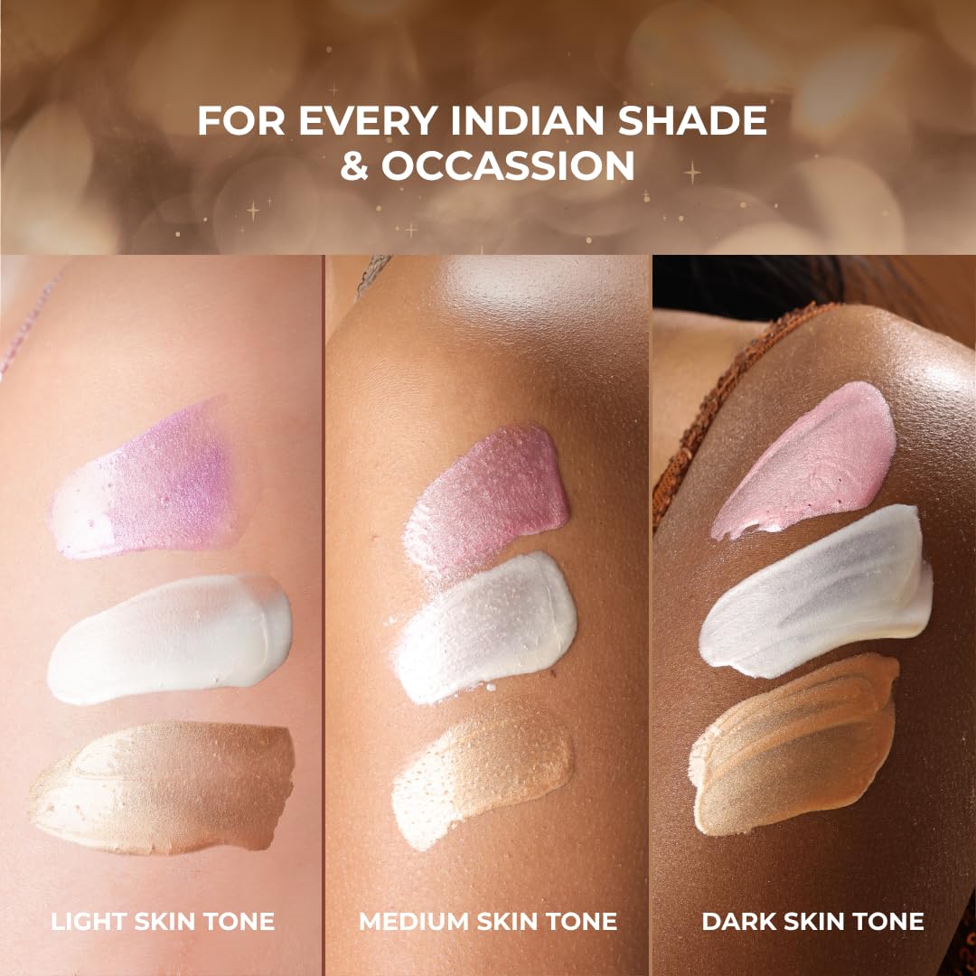 Suroskie Glow Drip Golden Hour, Silver & Pink Luxe 50Ml Each, (Pack Of 3 With Brush) | Shimmer For Radiant & Luminous Skin | Non-Greasy & Quick Absorbing Body Highlighter | Body Shimmer For Women