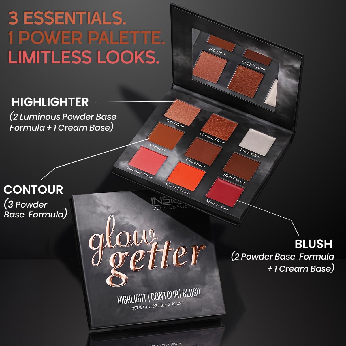 INSIGHT Glow Getter 3-in-1 Blusher, Highlighter & Contour Palette | Face Sculpting, Shimmer & Glow Makeup Compact | Long-Lasting, Travel-Friendly 28.8 g