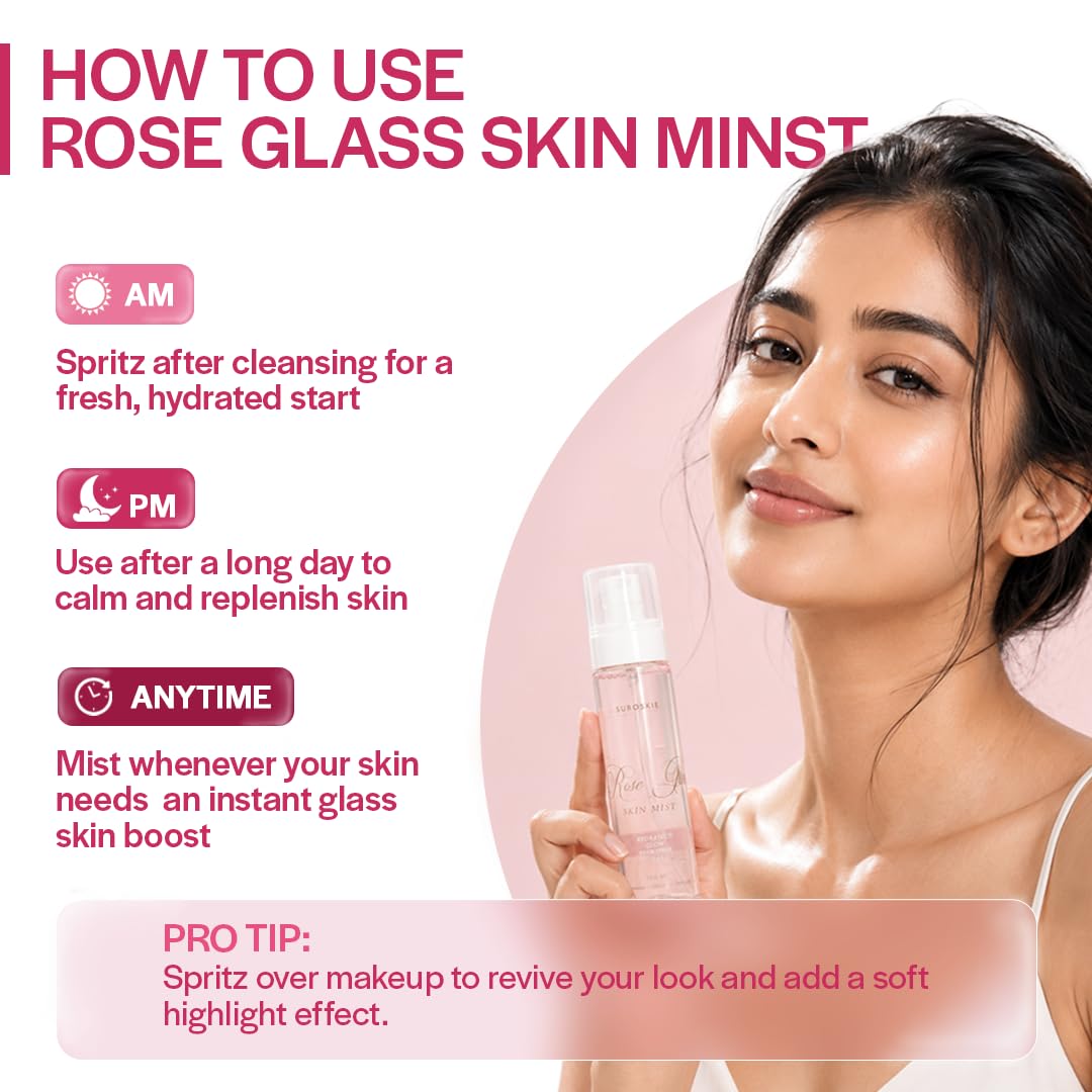 Suroskie Rose Glass Skin Mist 100ml | Rose Water Face Mist with Niacinamide, Hyaluronic Acid & Ceramide | Hydrating, Soothing & Glow Boosting Makeup Prep & Refresh Spray for All Skin Types