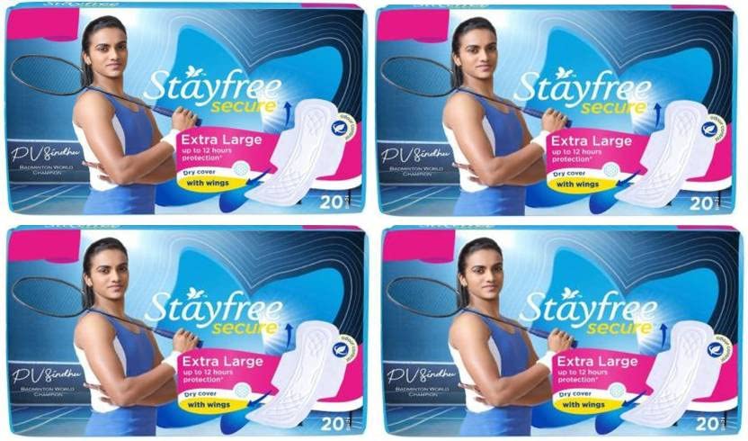 STAYFREE Secure Extra Large Cottony Soft Cover Sanitary Pads For Women With Wings 20+20+20+20 Pads Sanitary Pad (Pack of 80)