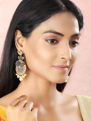 Priyaasi Black Kundan Beads Pearls Gold Plated Floral Drop Earring