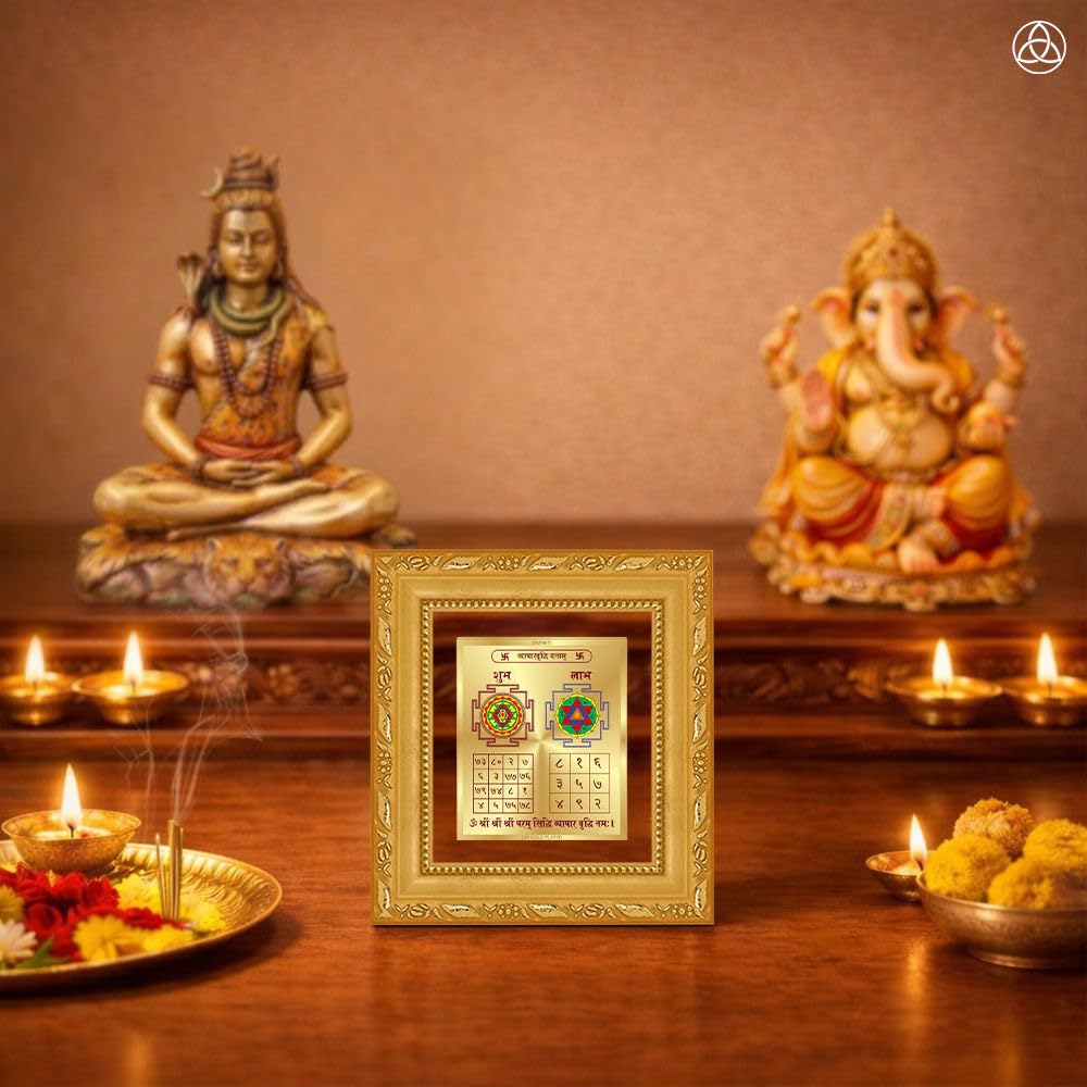 DIVINITI 24K Gold-Plated Vyapar Vriddhi Yantra Frame | Sacred Yantra for Business Growth, Prosperity & Positivity | Office, Shop, Home & Pooja Decor | Premium Gift Box | 12 x 11 CM