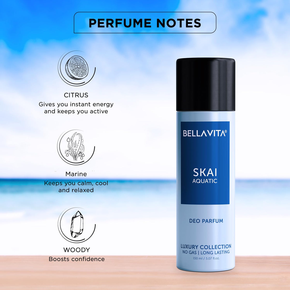 Bella Vita Luxury SKAI AQUATIC No Gas Deodorant Body Parfum For Men with Bergamot, Pineapple, Lavender | Aquatic & Fresh Fragrance Musky & Premium & Long Lasting Body Perfume DEO 150 ML