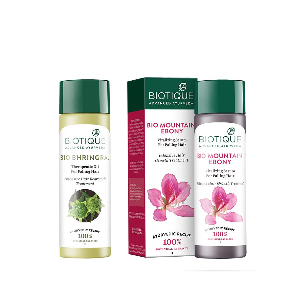 Biotique Bio Mountain Ebony Vitalizing Serum for Falling Hair Intensive Hair Growth Treatment, 120ml and Biotique Bio Bhringraj Fresh Growth Therapeutic Oil, 120ml (Pack of 2)