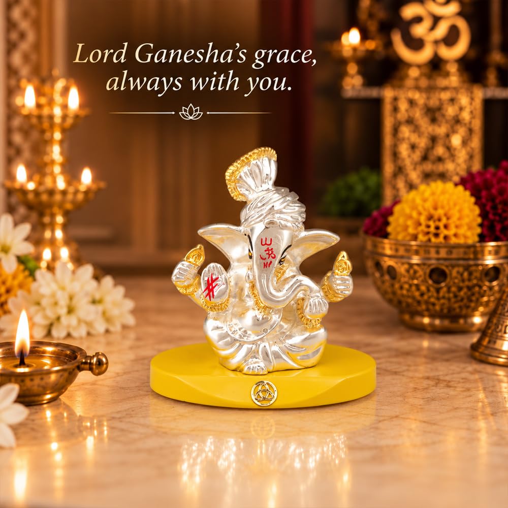 DIVINITI Pagdi Ganesha Idol with Silver-Tone Finish & Gold Accents | Lord Ganesh Showpiece with Yellow Display Base & Premium Gift Box | Home, Office, Car Dashboard & Gifting | 7 x 7 cm