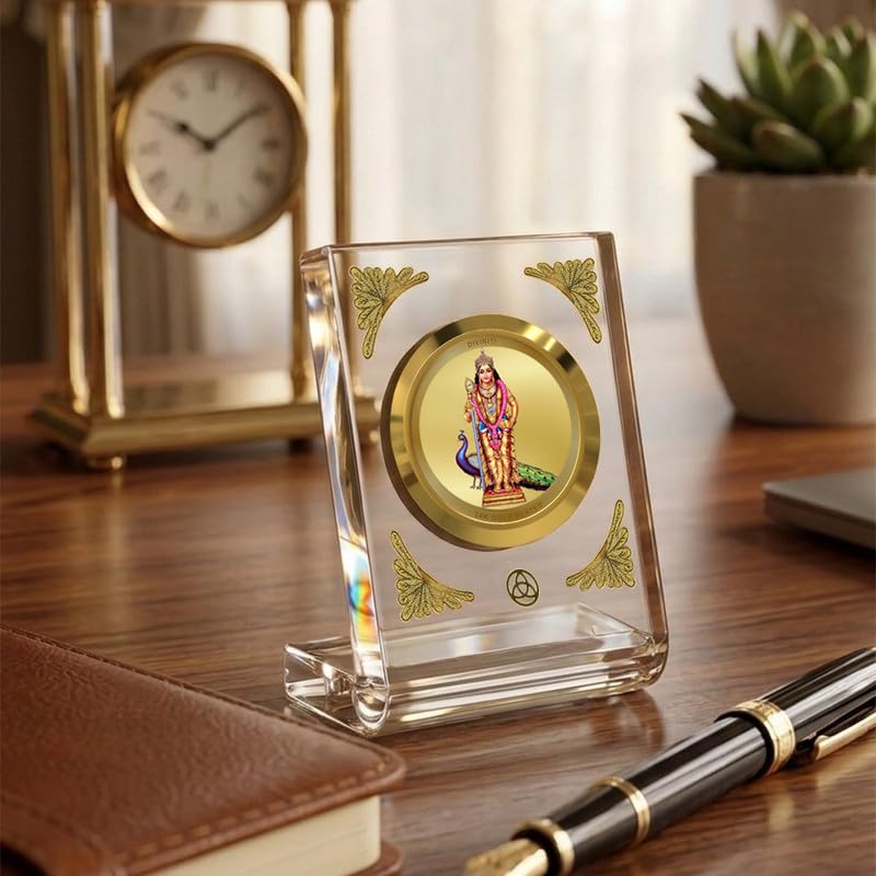 DIVINITI 24K Gold Plated Lord Murugan Acrylic Frame for Car Dashboard, Home Temple & Office Table | Premium Spiritual Gift, Blessings for Protection & Positivity, 8x7 cm Decorative Showpiece
