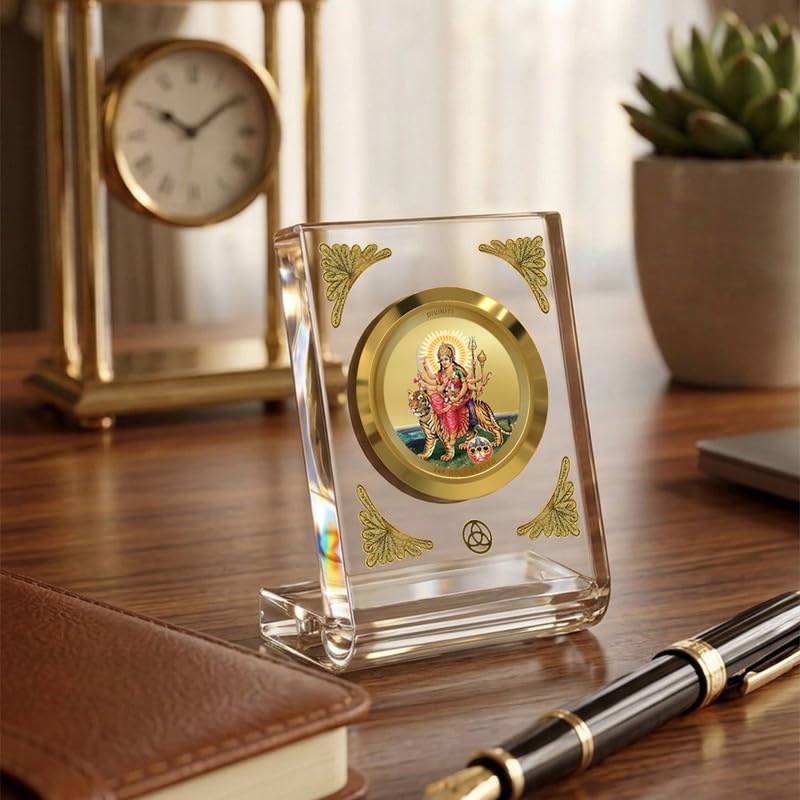 DIVINITI 24K Gold Plated Goddess Durga with Pind Acrylic Frame for Car Dashboard, Home Temple & Office Table|Premium Spiritual Gift, Blessings for Protection & Positivity, 8x7 cm Decorative Showpiece