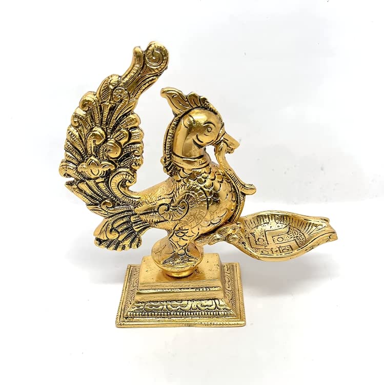 KridayKraft annapakshi deepam Set of 2 pca Metal Handmade with Curved Oil Lamp Antique Peacock Deepak for Home Decor Temple Puja Office Counter Diwali Decoration Festival Gift (Light)