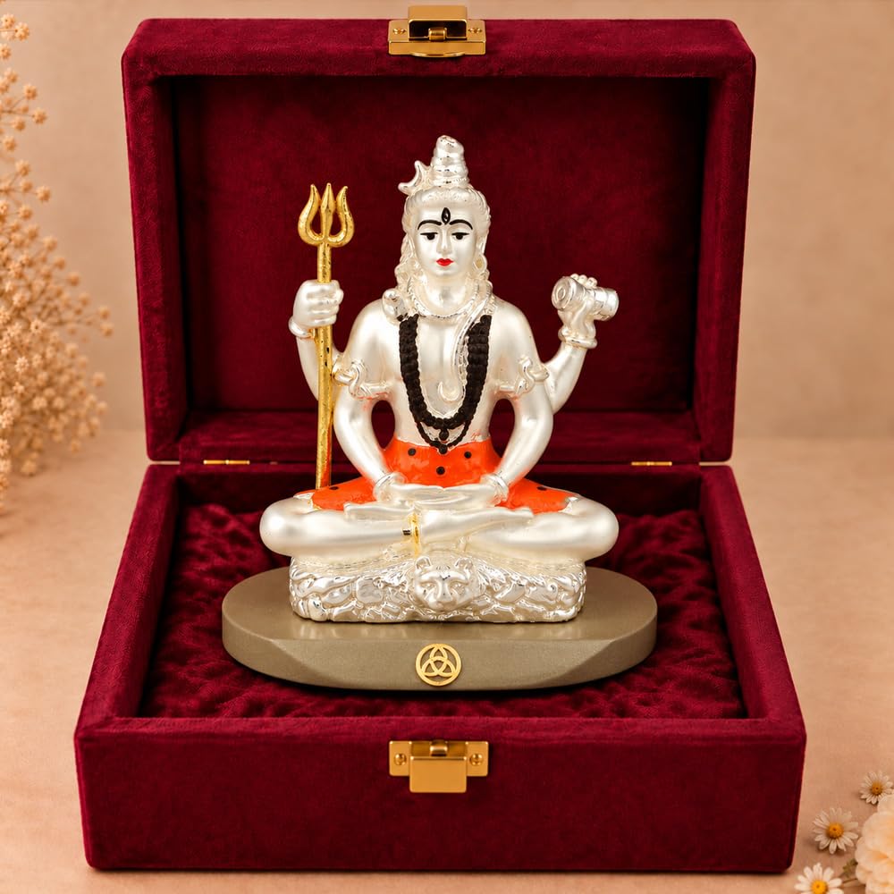 DIVINITI 999 Silver-Plated Lord Shiva Idol with Gold Accents | Mahadev Murti for Home, Office & Puja Mandir | Diwali, Mahashivratri & Housewarming Gift with Premium Gift Box | 8 x 7 CM