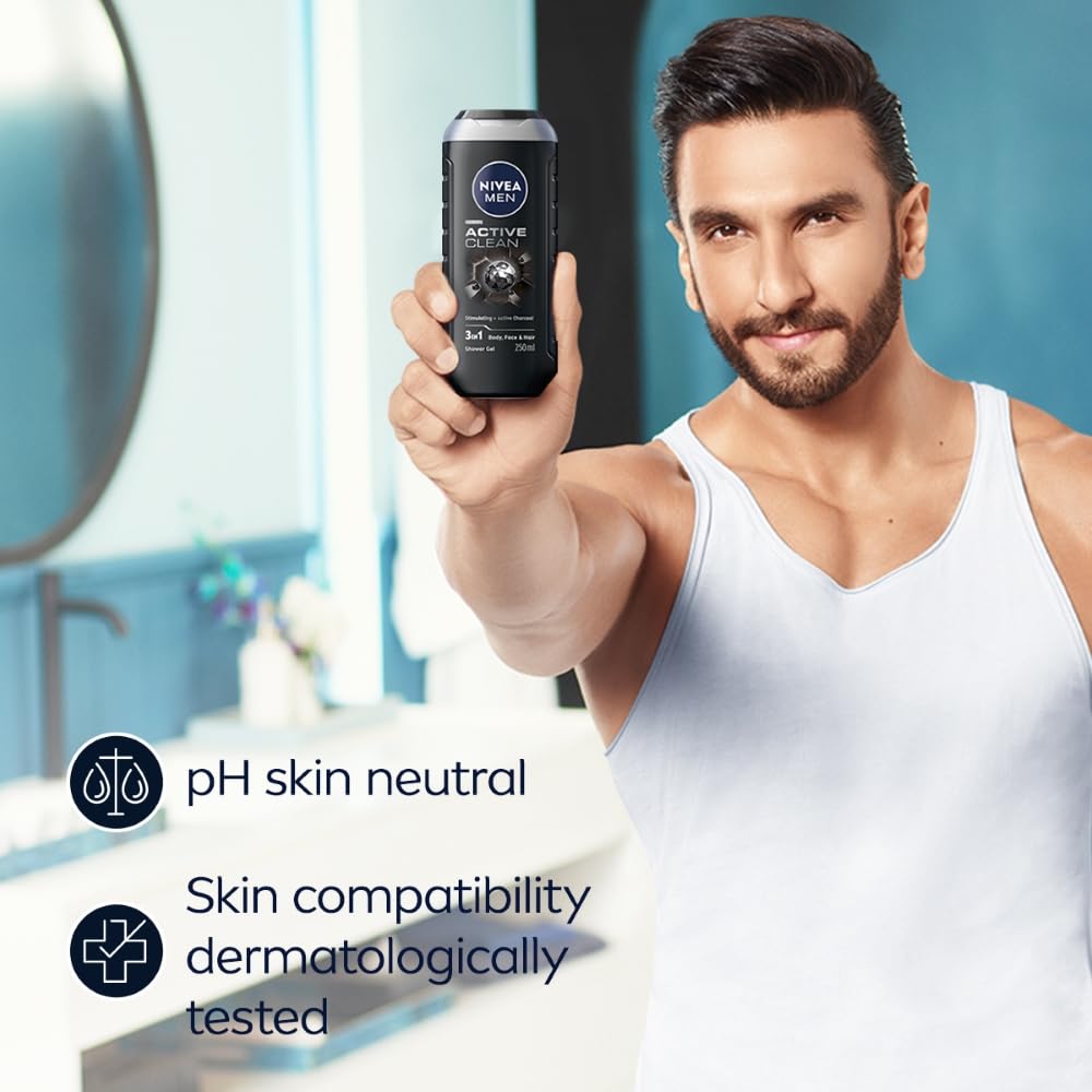 NIVEA Men Body Wash, Active Clean with Active Charcoal, Shower Gel for Body, Face & Hair, 250 ml