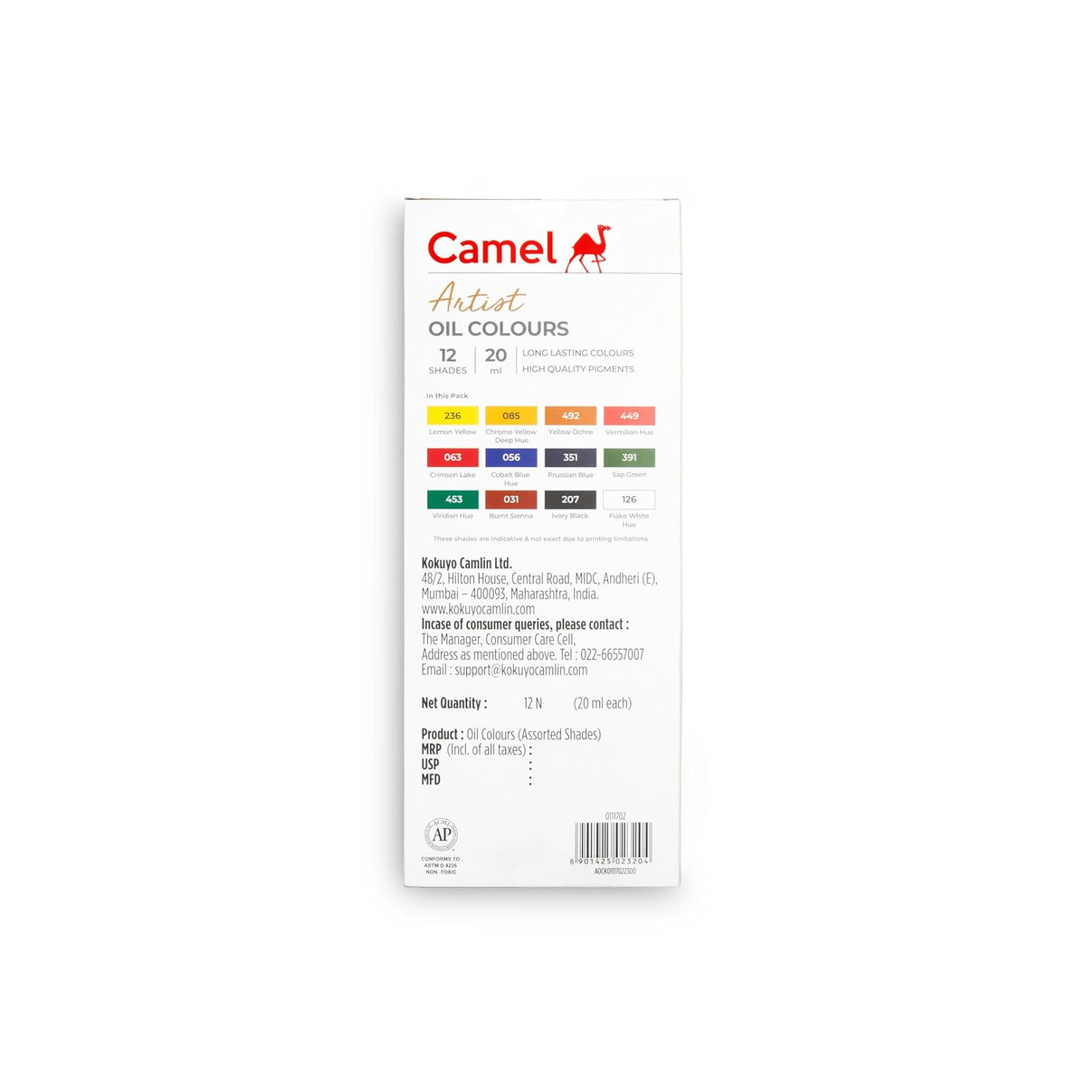 Camel Artist's Oil Color Box - 20ml Tubes, 12 Shades