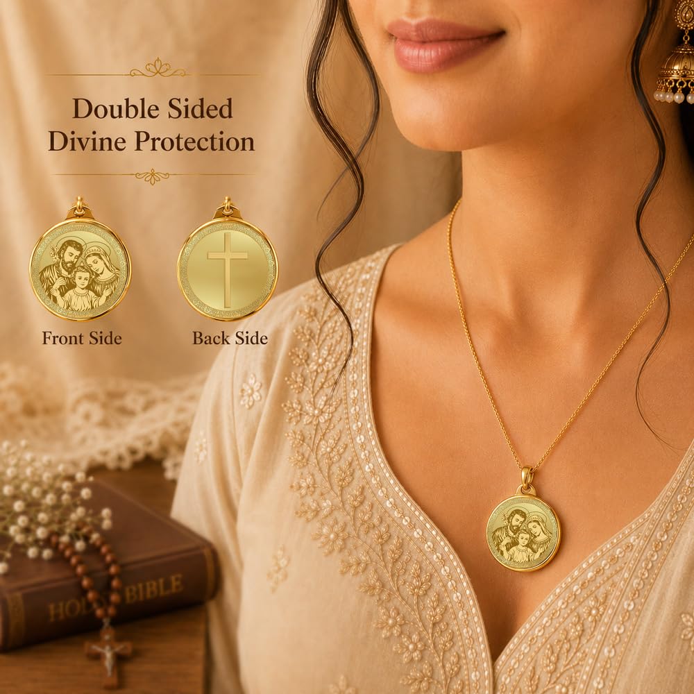 DIVINITI 24K Gold Plated Double-Sided Religious Pendant with Premium Gift Box, Spiritual Locket for Men & Women, Devotional Jewellery for Gifting & Everyday Wear | Holy Family & Holy Cross - GNG Pendant