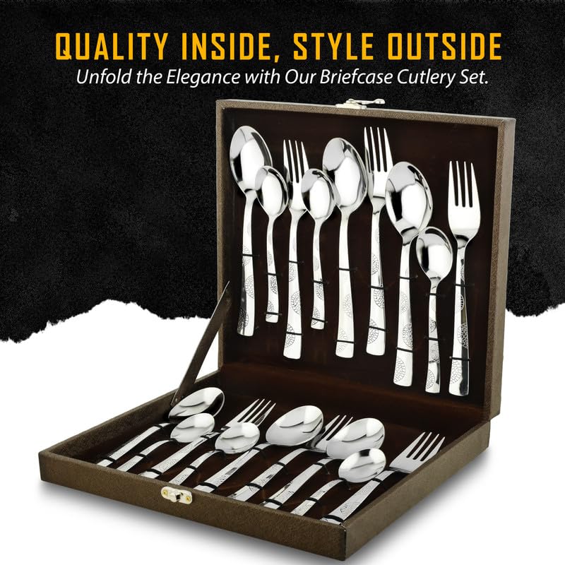 Parage 18 Pieces Premium Stainless Steel Cutlery Set, Home & Kitchen with Gift Box (6 Pieces Each Table Spoons, Table Forks & Tea Spoons) with Leatherite Box