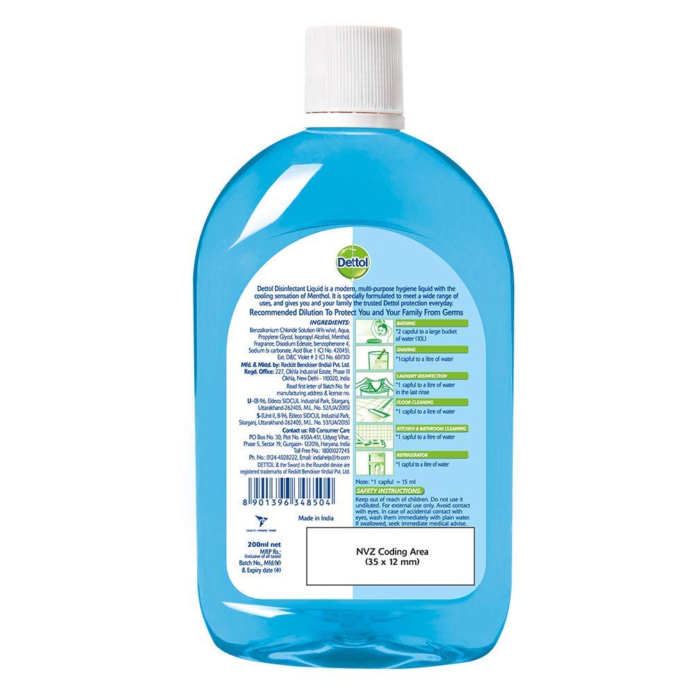 Dettol Liquid Disinfectant for Multi-Purpose Germ Protection, Menthol Cool, 200 ml (Pack of 2)