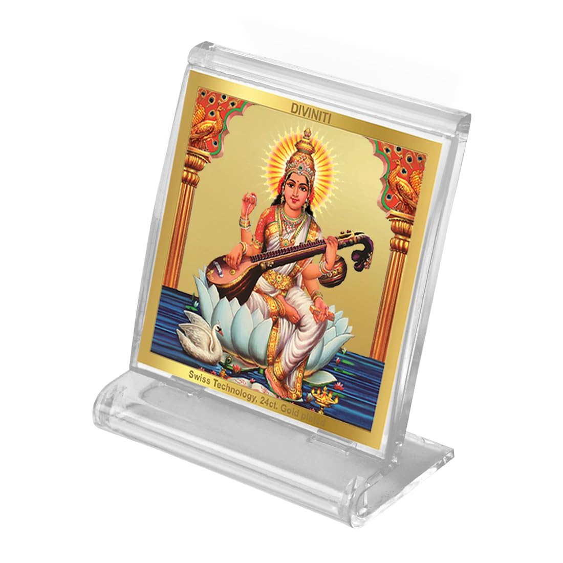 DIVINITI 24K Gold Plated Religious Car Dashboard Frame | Premium God Idol Frame for Car, Home Mandir & Office Table | Spiritual Gift, Decorative Showpiece | Saraswati Mata