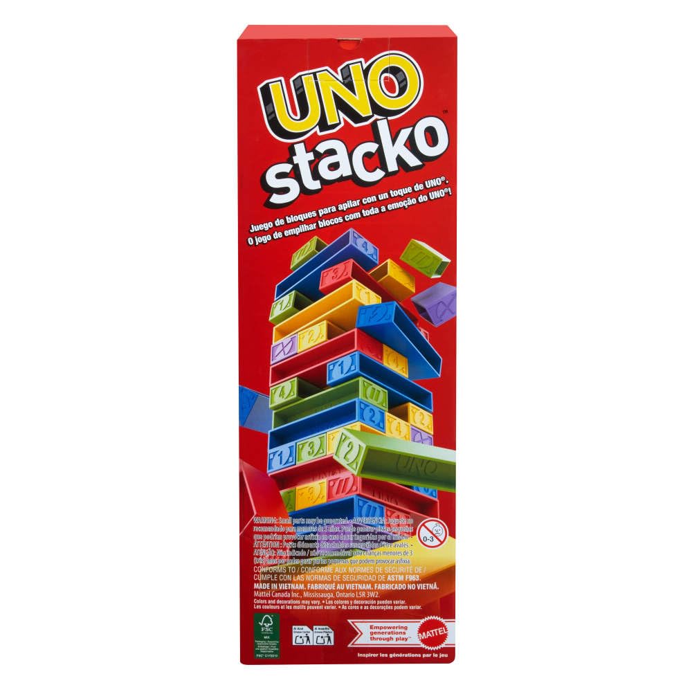 Mattel Games UNO Stacko Game for Kids & Family with 45 Colored Stacking Blocks & Loading Tray, Build & Play, Game Nights & Parties