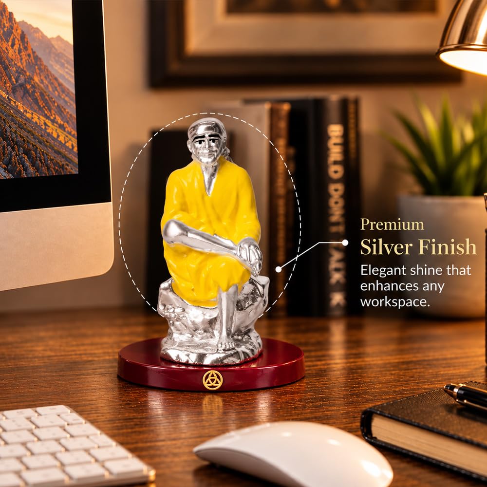 DIVINITI 999 Silver-Plated Sai Baba Idol | Shirdi Sai Murti for Home, Office & Pooja Mandir | Diwali, Housewarming & Spiritual Gift with Premium Gift Box | 9 x 6.5 CM